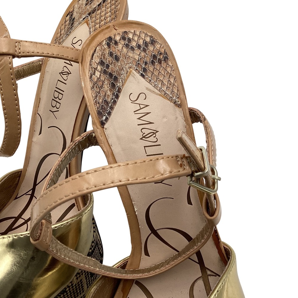 Sam & Libby Gold Metallic Snakeskin Platform Heels Peep Toe Sandals Size 8 - Picture 6 of 9